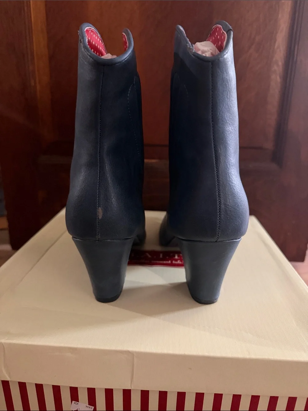 Navy Leather Ankle Booties with Scallop Stitch Accent